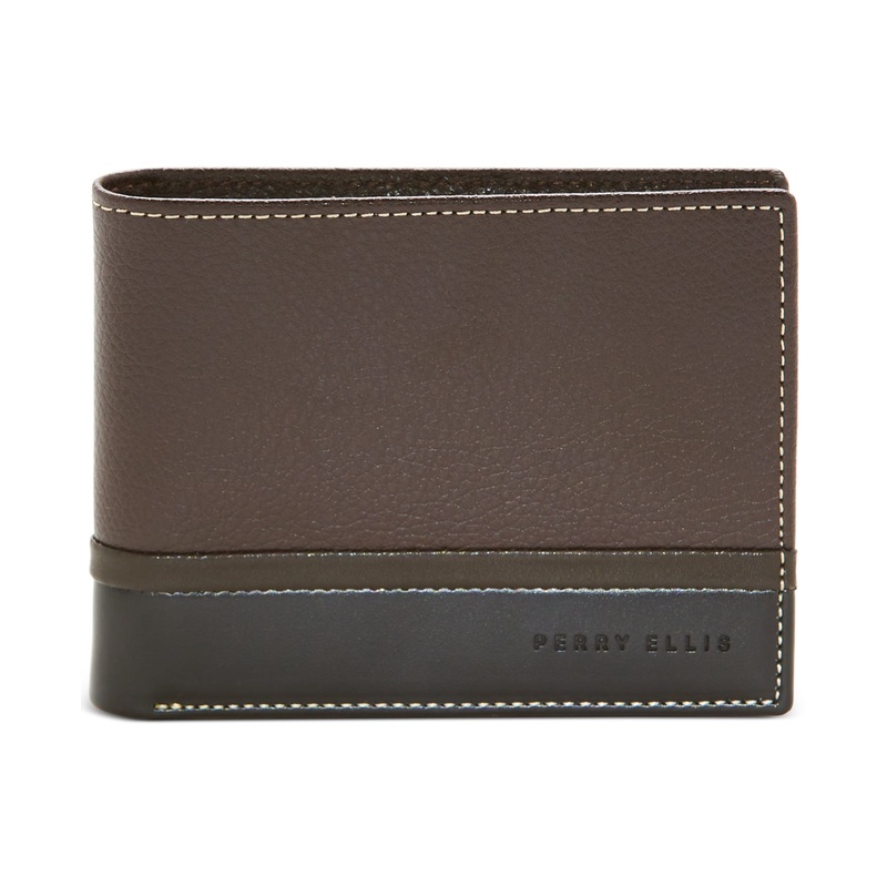 Perry Ellis Portfolio Men's Pebble Smooth Contrast Bifold Wallet Brown