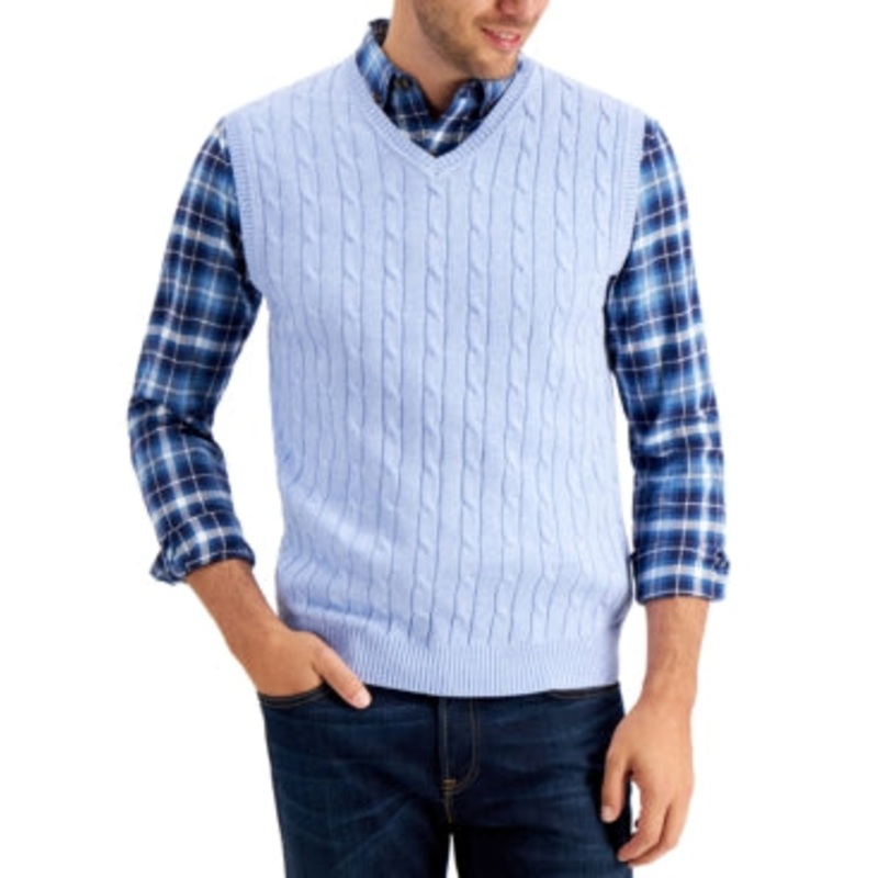 Club Room Men's Cable Knit Cotton Sweater Vest Blue Yonder Heather Medium