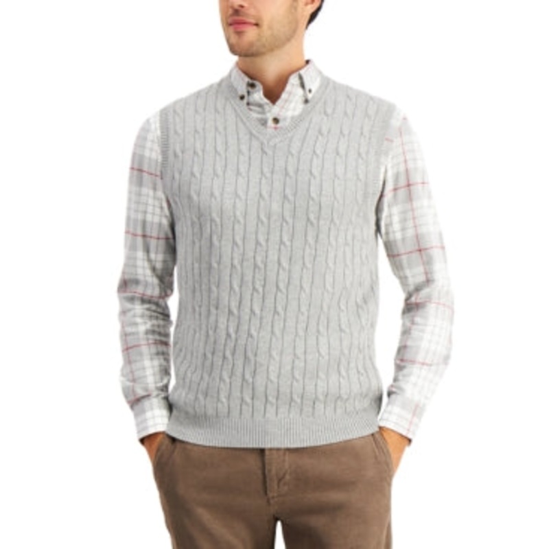 Club Room Men's Cable Knit Cotton Sweater Vest Light Soft Grey Heather Small