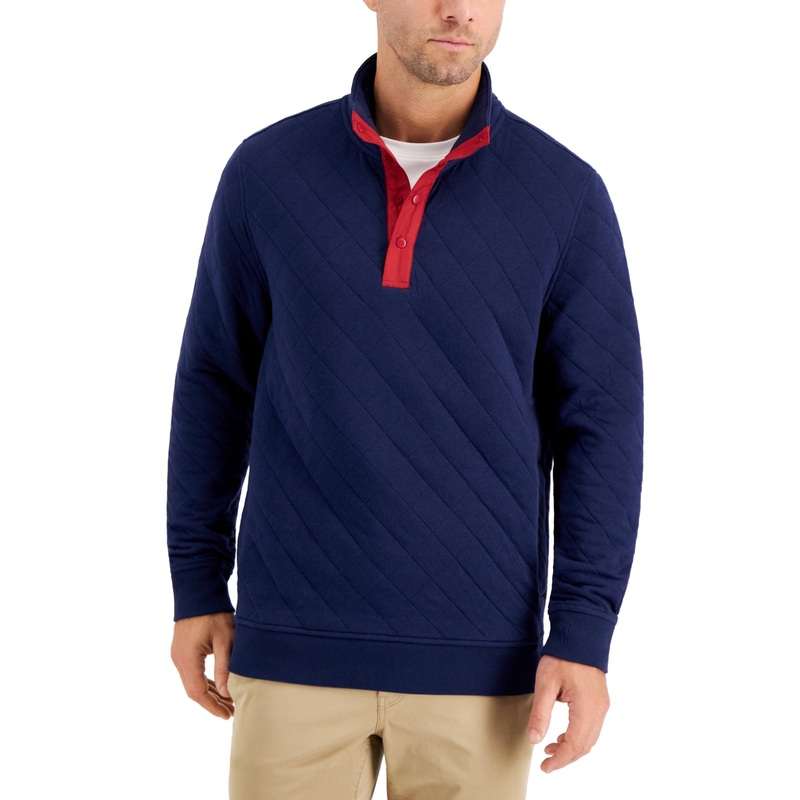 Club Room Mens Quilted Jacket Sweatshirt Quarter Zip Navy Blue Medium