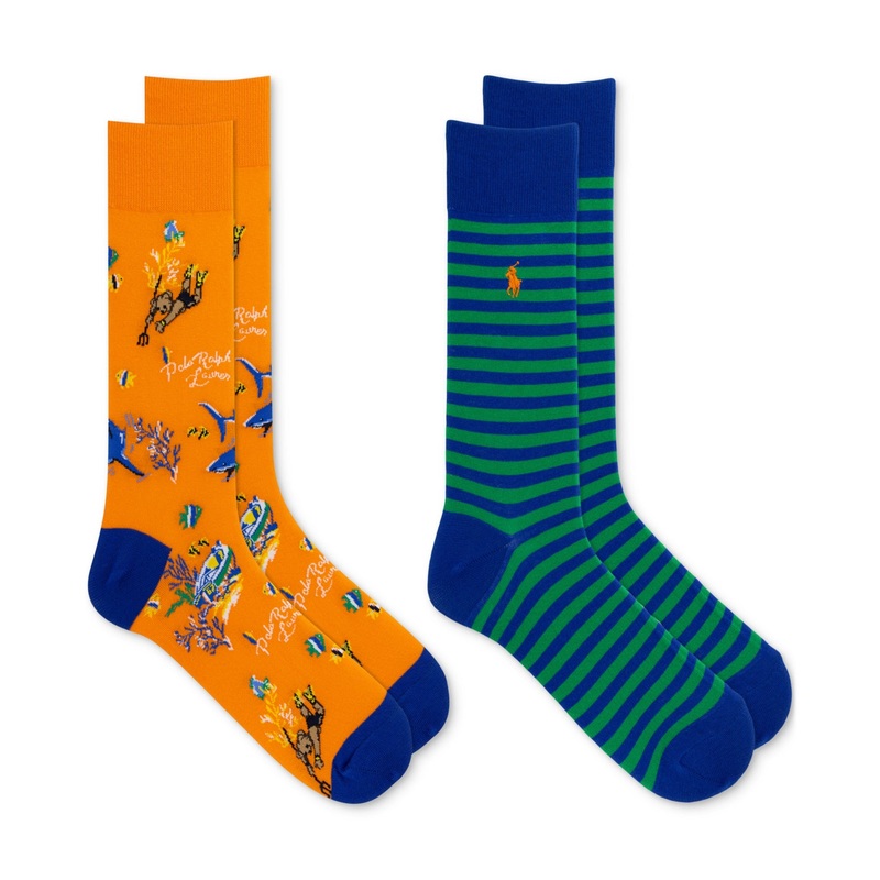 Polo Ralph Lauren Men's 2 Pack Bearwaiian Crew Socks Orange One Size