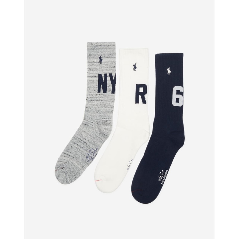 Polo Ralph Lauren Mens 3 Pack NYC 67  Crew Socks Grey White Black 10 to 13