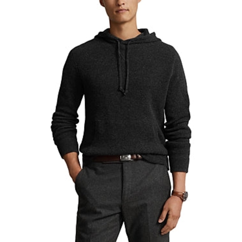 Polo Ralph Lauren Mens Cashmere Waffle Knit Hooded Sweater Granite Grey 2XL