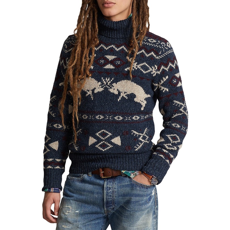 Polo Ralph Lauren Mens Wool Cashmere Patterned Turtleneck Sweater 2XL XXL Navy