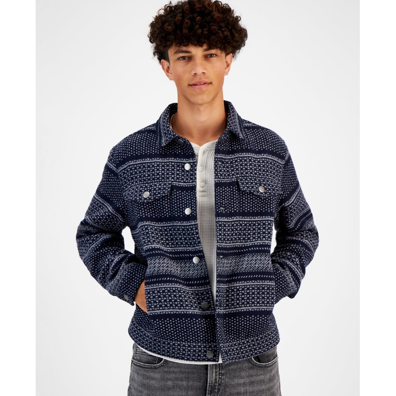 Sun Stone Men's Jacquard Trucker Jacket Navy Blue Combo XL