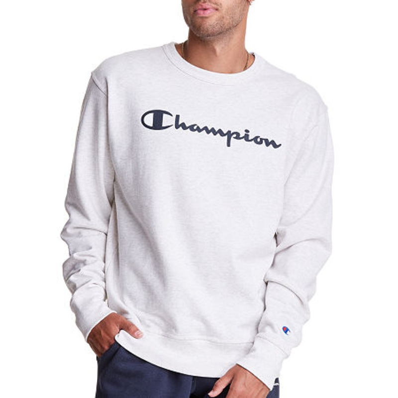 Champion Men's Powerblend Fleece Logo Sweatshirt Medium Crewnck Oatmeal Heather