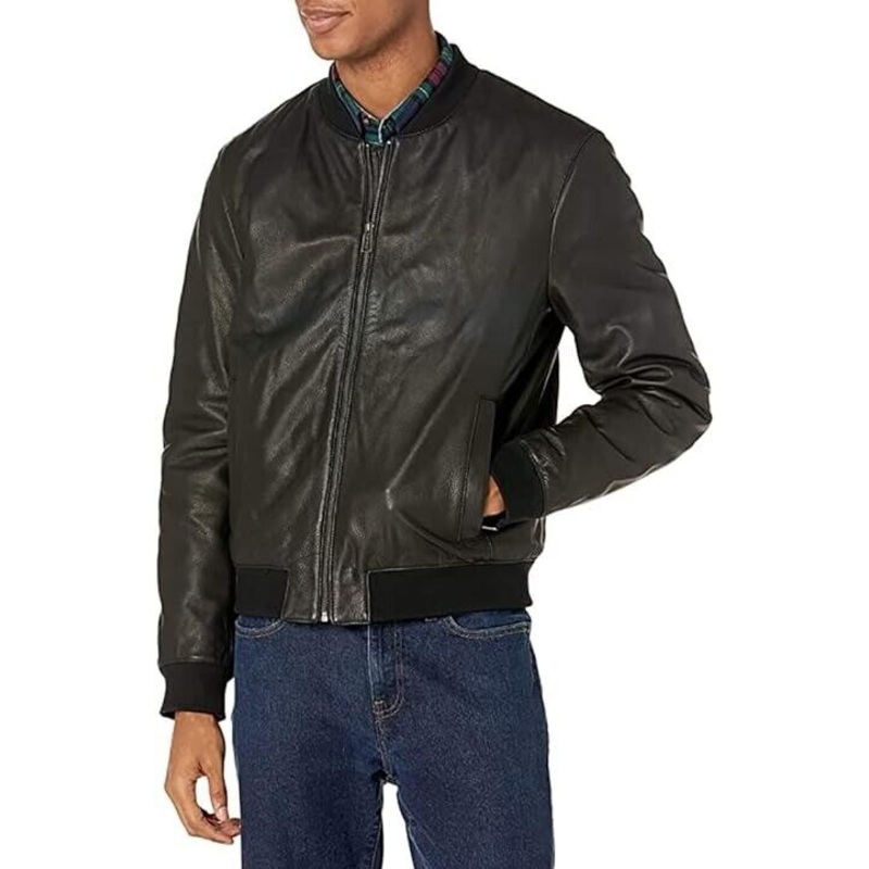Cole Haan Men's Bonded Leather Varsity Jacket Small Black