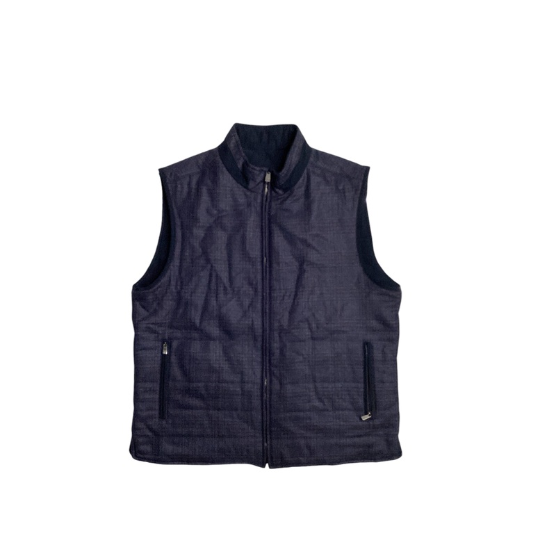 Corneliani Mens Navy Tonal Check Zip Front Wool Vest EU 56R US 46R Navy Blue