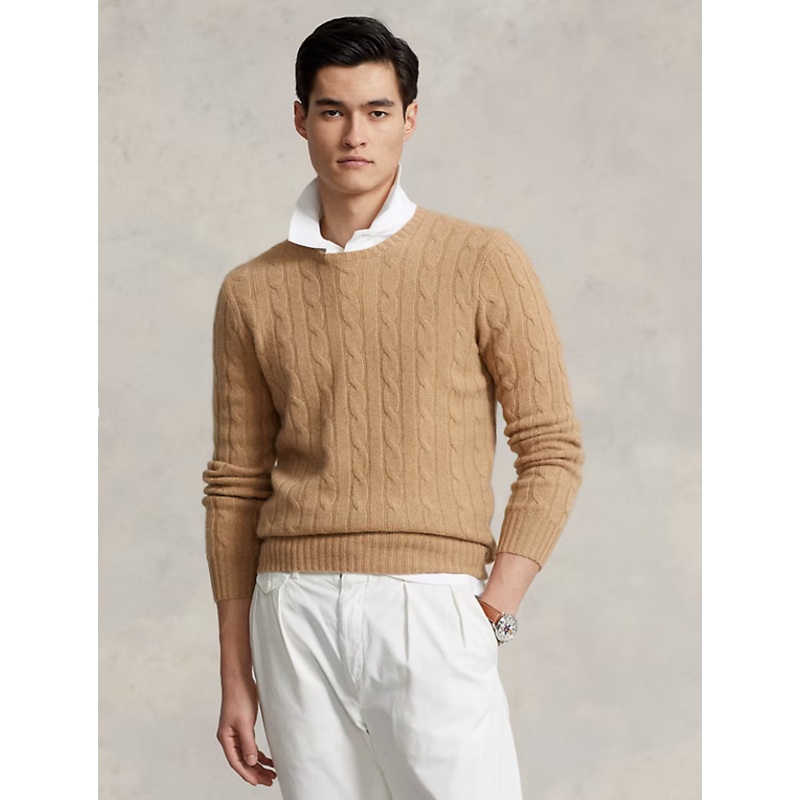 Polo Ralph Lauren Mens Cashmere Cable Knit Crewneck Sweater Small Camel Brown