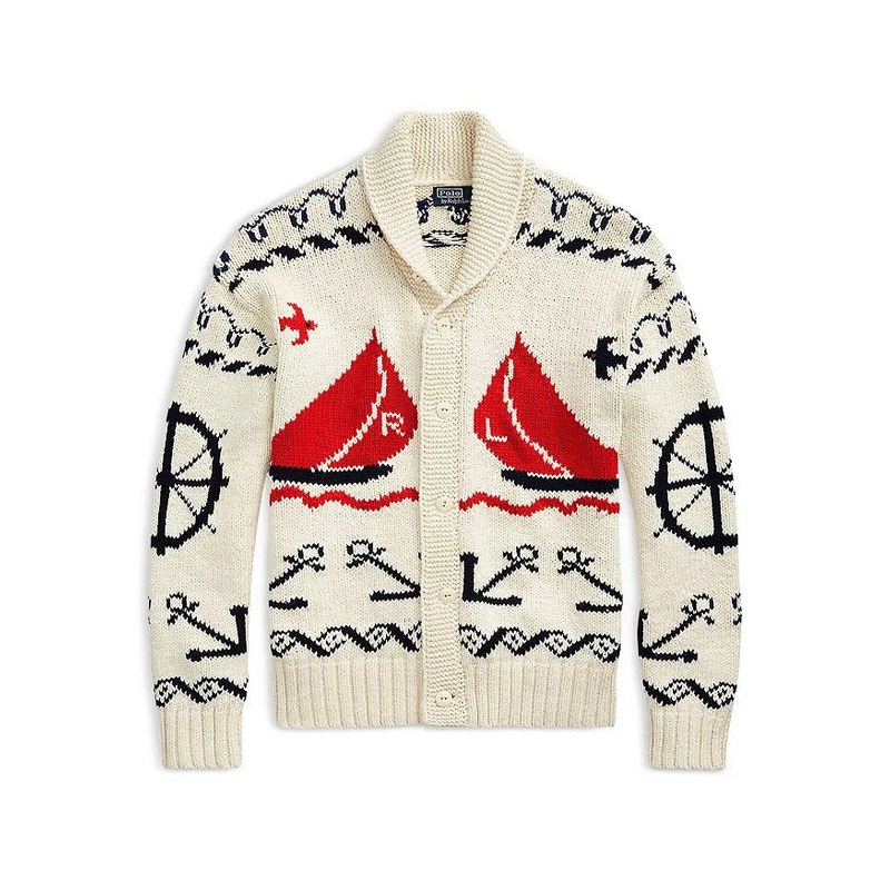 Polo Ralph Lauren Mens Chunky Knit Nautical Shawl Collar Cardigan Sweater Large
