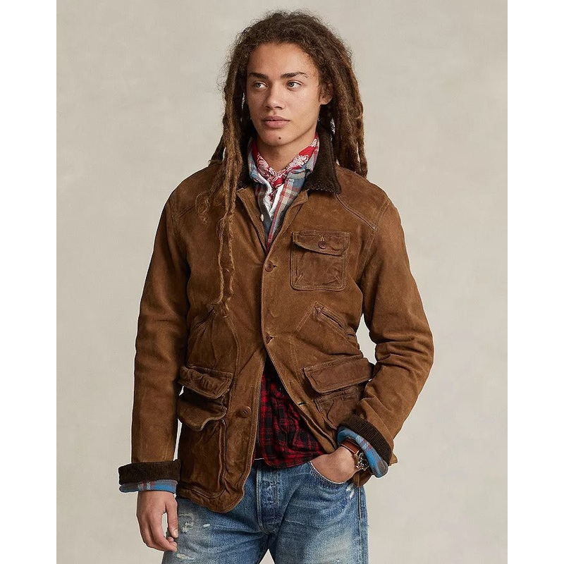 Polo Ralph Lauren Mens Suede Leather Utility Jacket XL Camel Brown