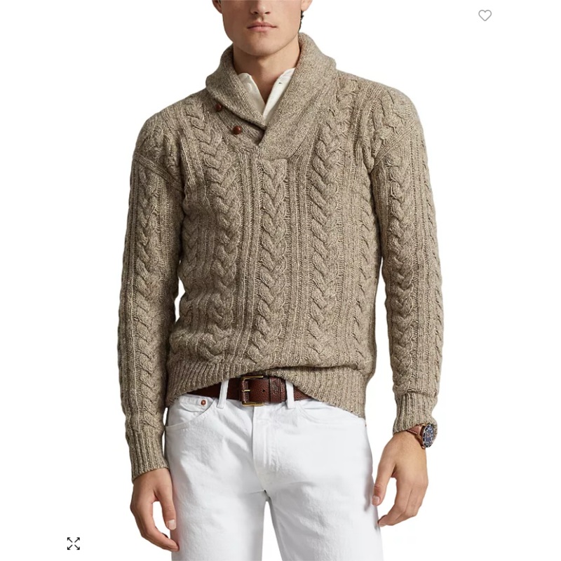 Polo Ralph Lauren Mens Wool Blend Cable Knit Shawl Collar Sweater Brown 2XL