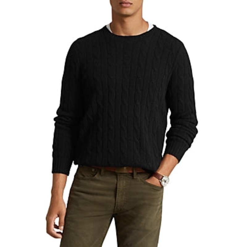 Ralph Lauren Polo Mens Pure Cashmere Crewneck Cable Knit Sweater Large Black
