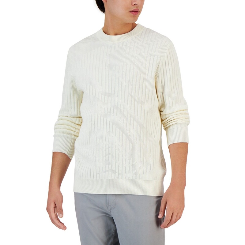 Alfani Men's Ribbed Marble Crewneck Sweater Vanilla Ice Small