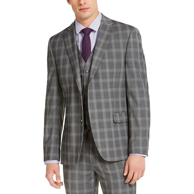 Alfani Men's Slim-Fit Stretch Gray Plaid Suit Jacket 38S