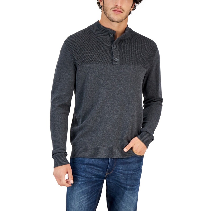 Club Room Men's Button Mock Neck Sweater Charcoal Heather Medium