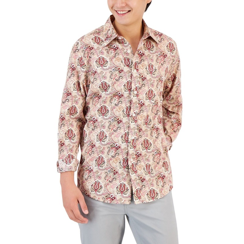 Club Room Men's Everly Paisley Shirt Beige Khaki Large