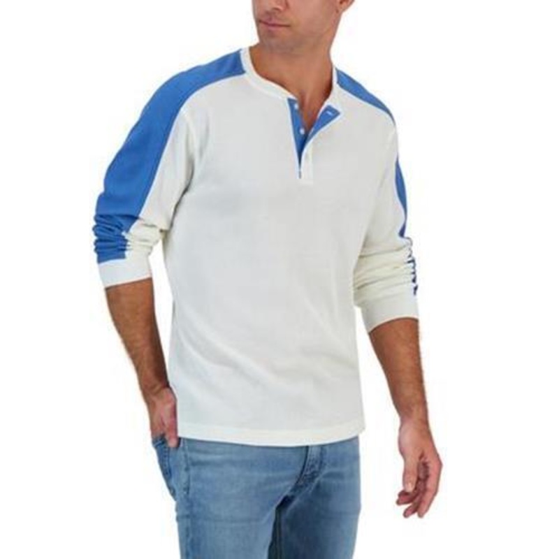 Club Room Men's Waffle Colorblocked Henley Long Sleeve Tshirt Winter Ivory Large