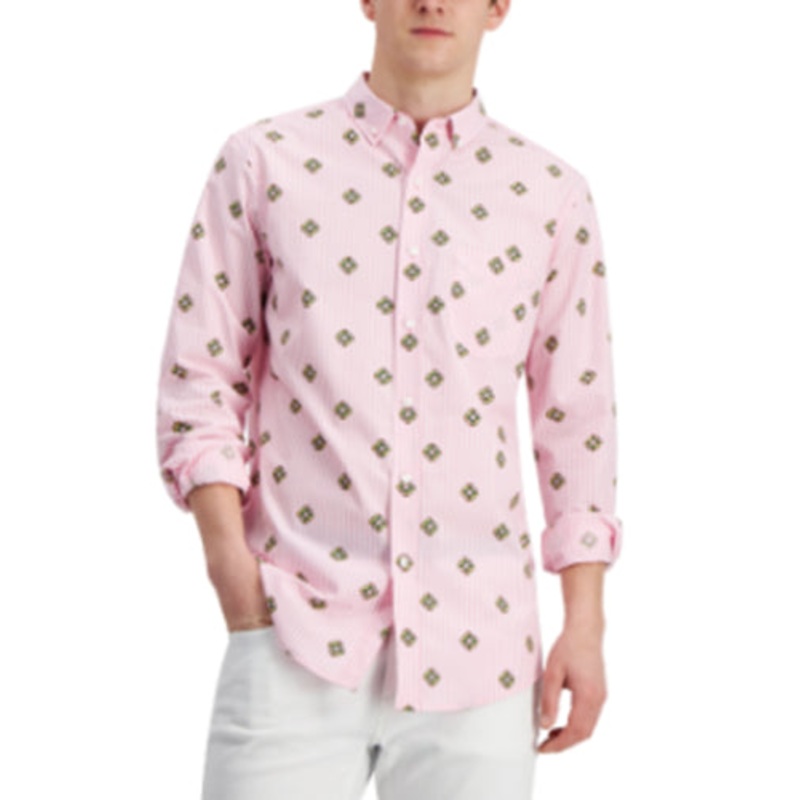 Club Room Mens Crest-Print Shirt Pink Sky Medium