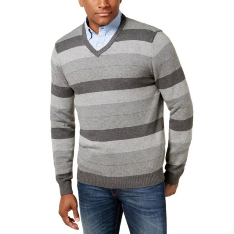 Club Room Mens Stripe Sweater Soft Grey Heather Large