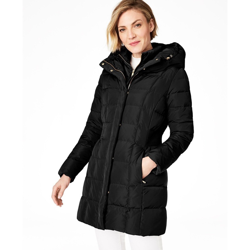 Cole Haan Womens Hooded Down Puffer Coat XS Extra Small Black