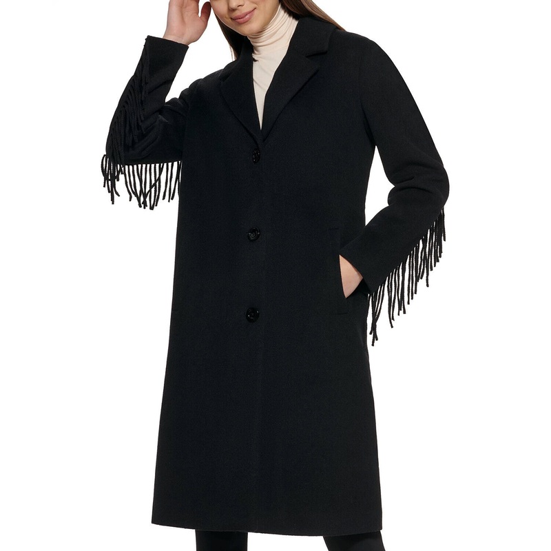 Kenneth Cole Womens Single-Breasted Fringe Walker Coat Black XS Extra Small