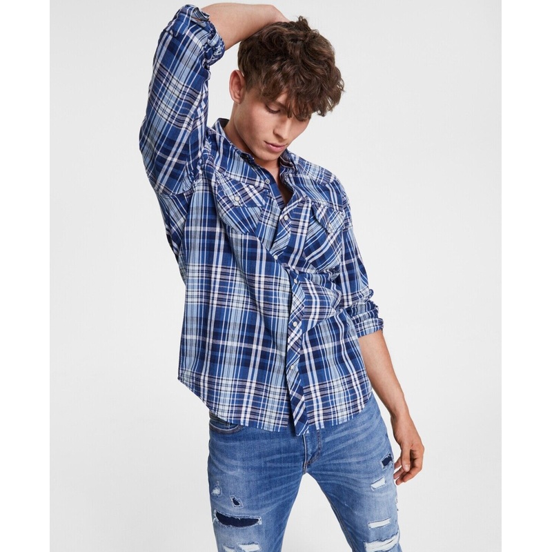 Sun + Stone Men's Remington Regular-Fit Plaid Western Shirt Blue Combo Small