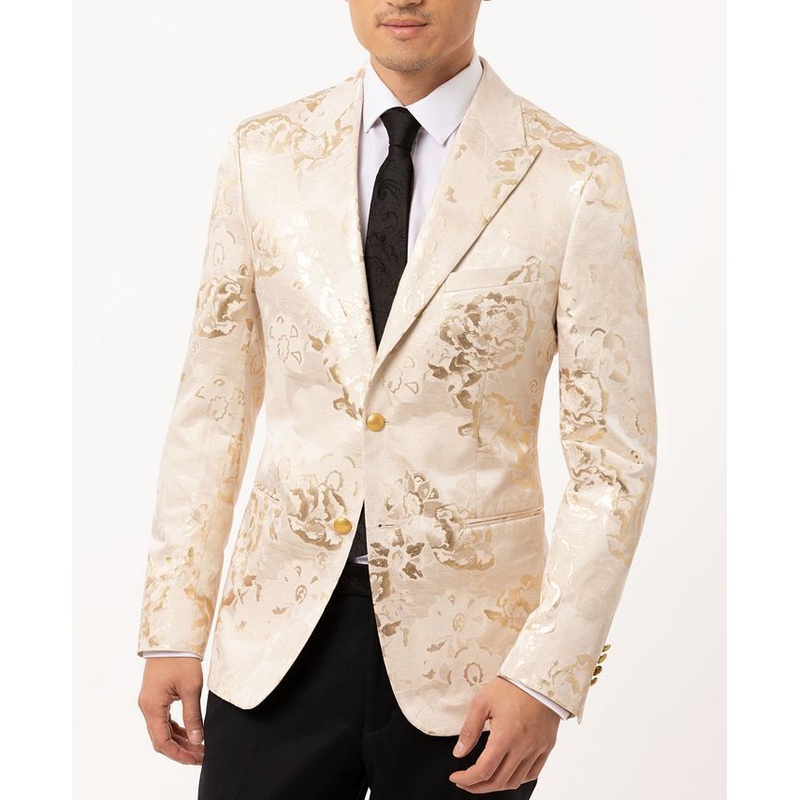 Tallia Men's Floral Jacquard Slim Fit Dinner Jacket Small Gold / White