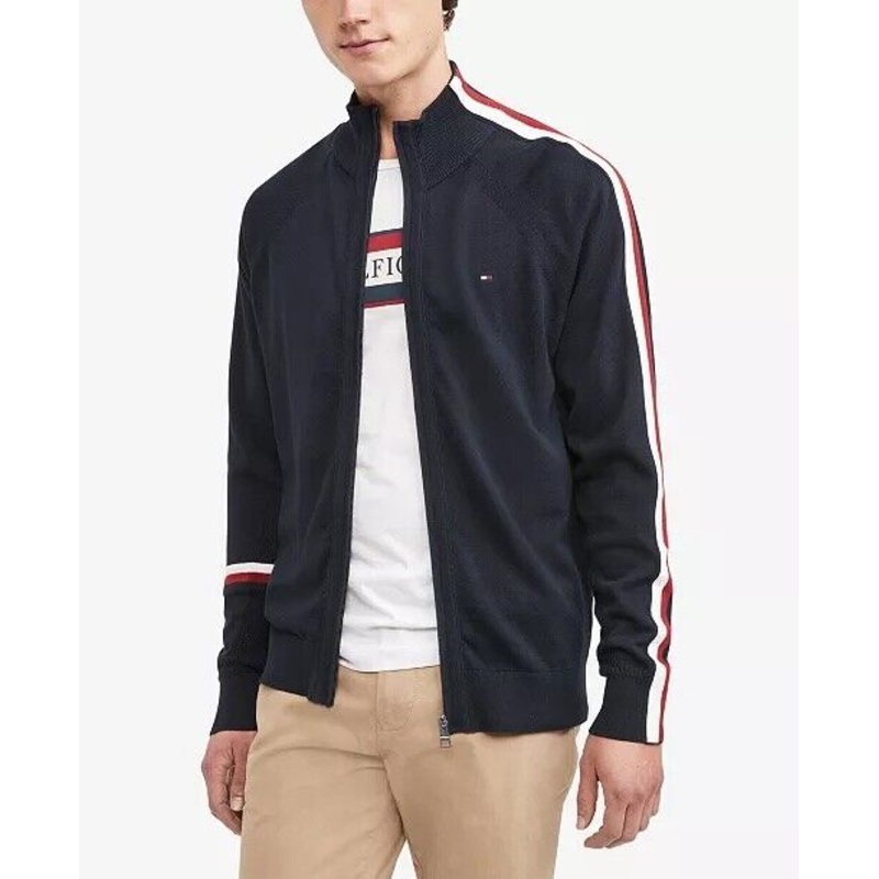 Tommy Hilfiger Men's Global Stripe Intarsia Full Zip Sweater Desert Sky Medium