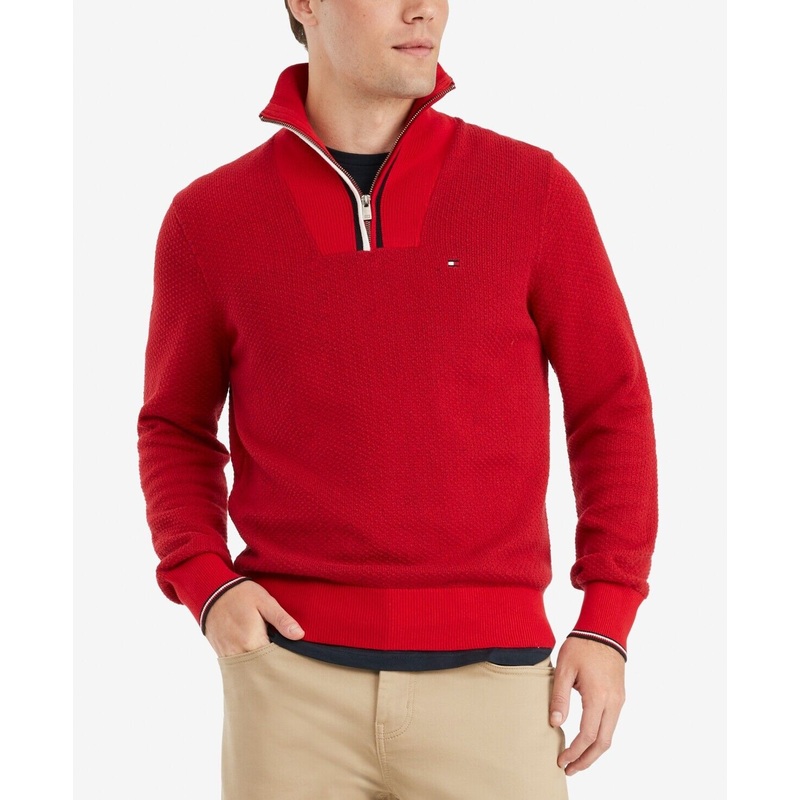 Tommy Hilfiger Men's Manhattan Quarter Zip Sweater Red Medium