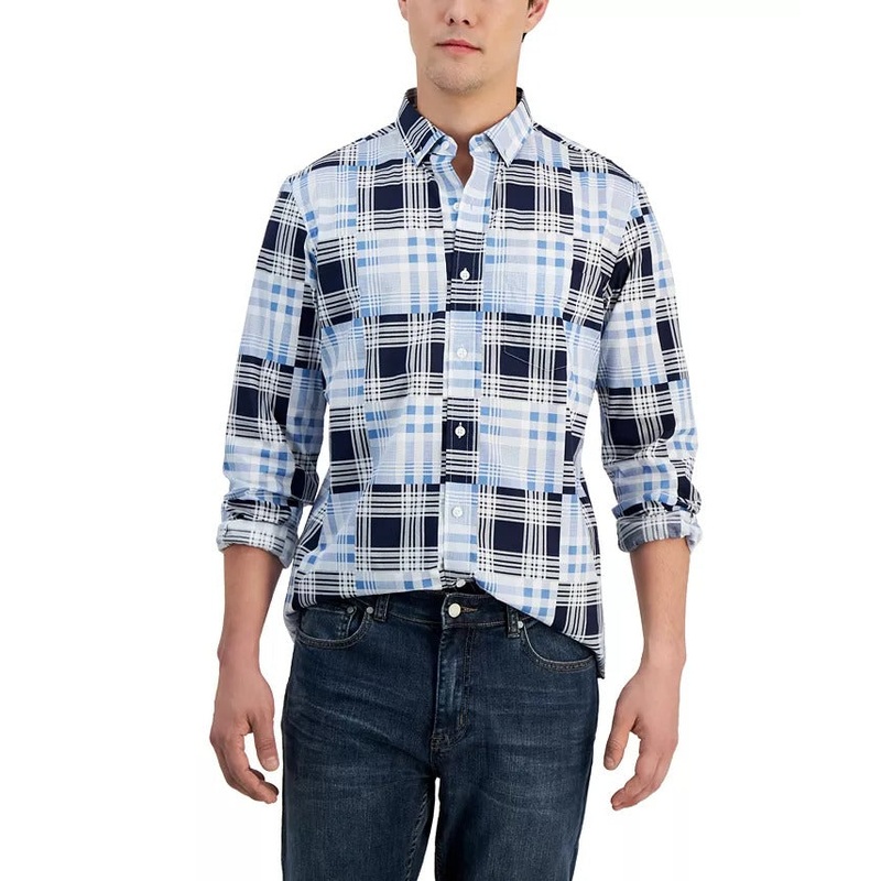 Club Room Men's Darren Classic-Fit Plaid Patchwork Button-Down Shirt XL Blue