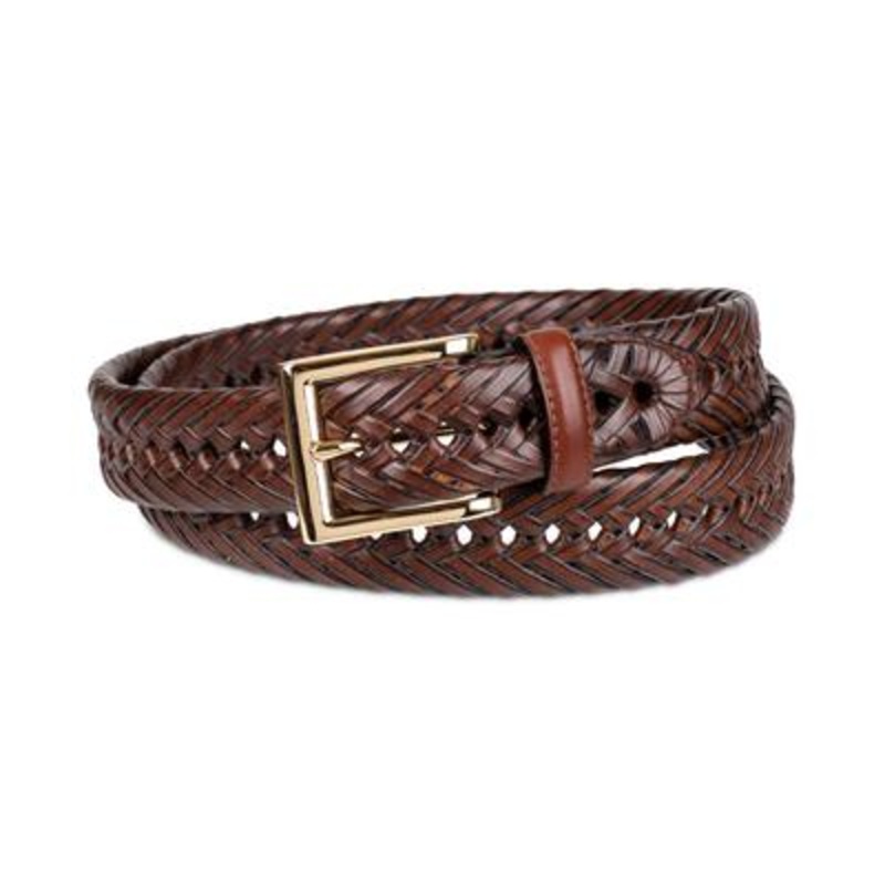 Club Room Mens Leather Braided Belt Gold Belt Buckle Brown 32