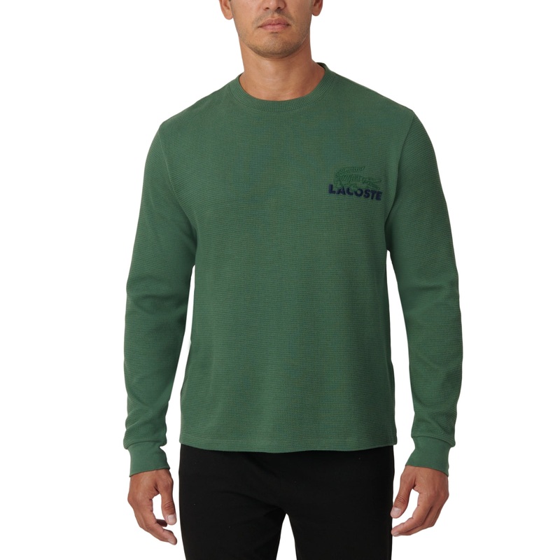 Lacoste Mens Relaxed Fit Long Sleeve Thermal Waffle Pajama Sleep Shirt Green 2XL
