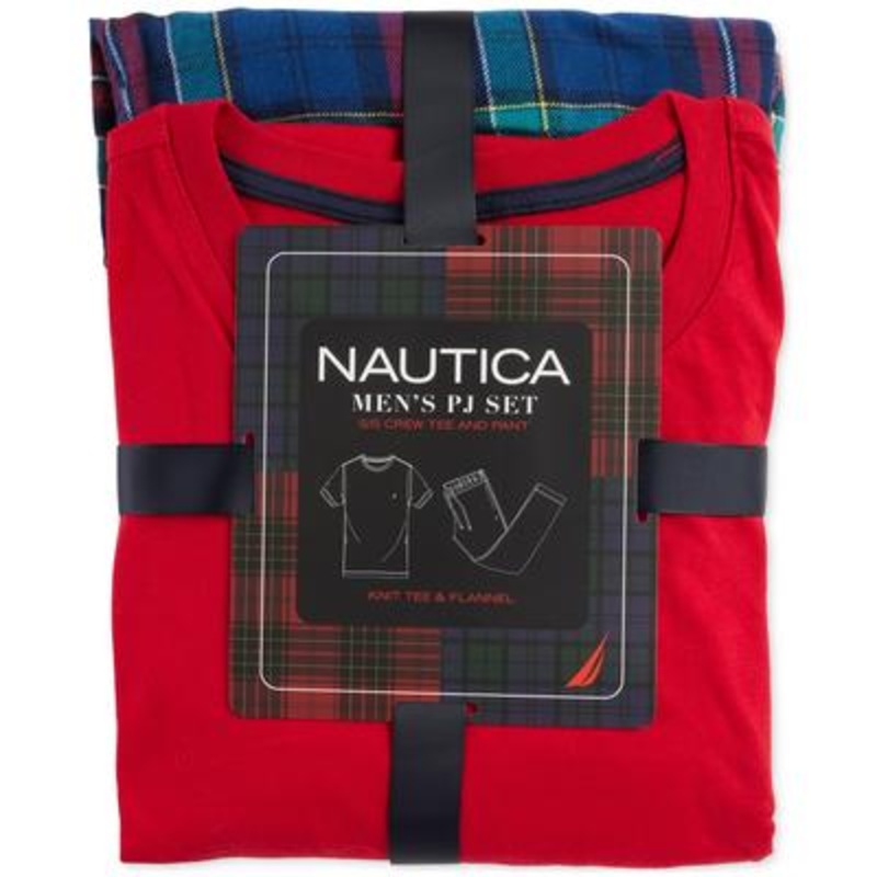 Nautica Mens 2 Pc Classic Fit Solid Plaid Pajama Set Red 2XL