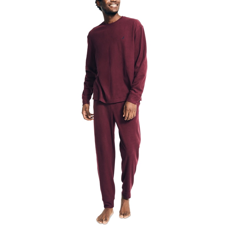 Nautica Mens 2 Pc Relaxed Fit Waffle Pajama Set Burgundy Large