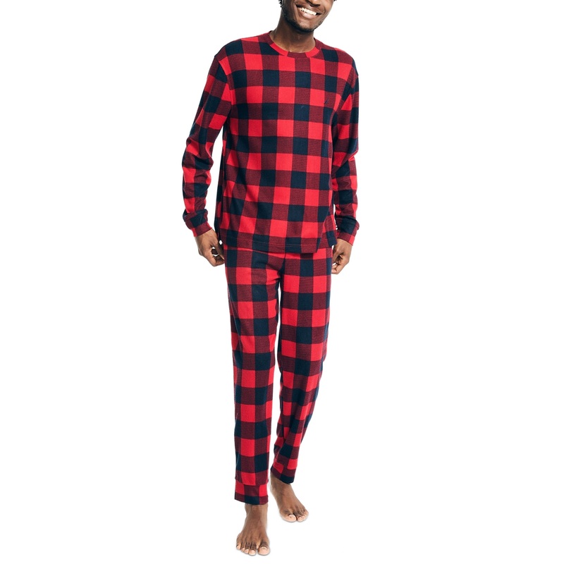 Nautica Mens 2 Piece Waffle Buffalo Plaid Pajama Pants Set Black Red Large