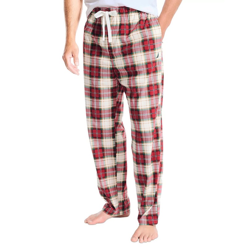 Nautica Mens Plaid Cozy Flannel Pajama Bottoms Marshmallow Red Large