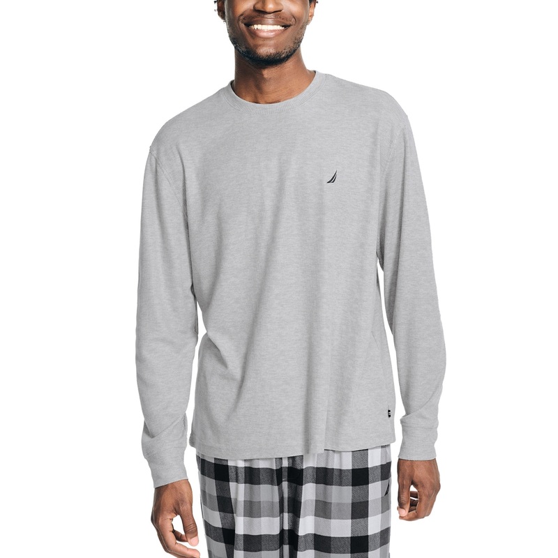 Nautica Mens Waffle Long Sleeve Sleep T Shirt Heather Gray Medium
