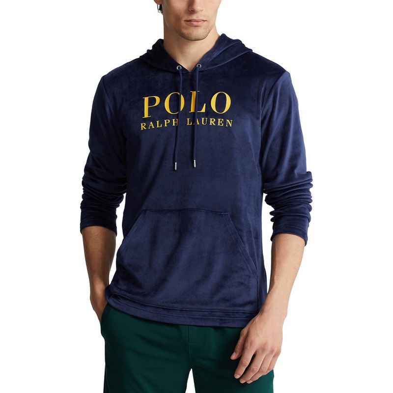 Polo Ralph Lauren Mens Logo Velour Hoodie Sweatshirt Cruise Navy Gold Medium