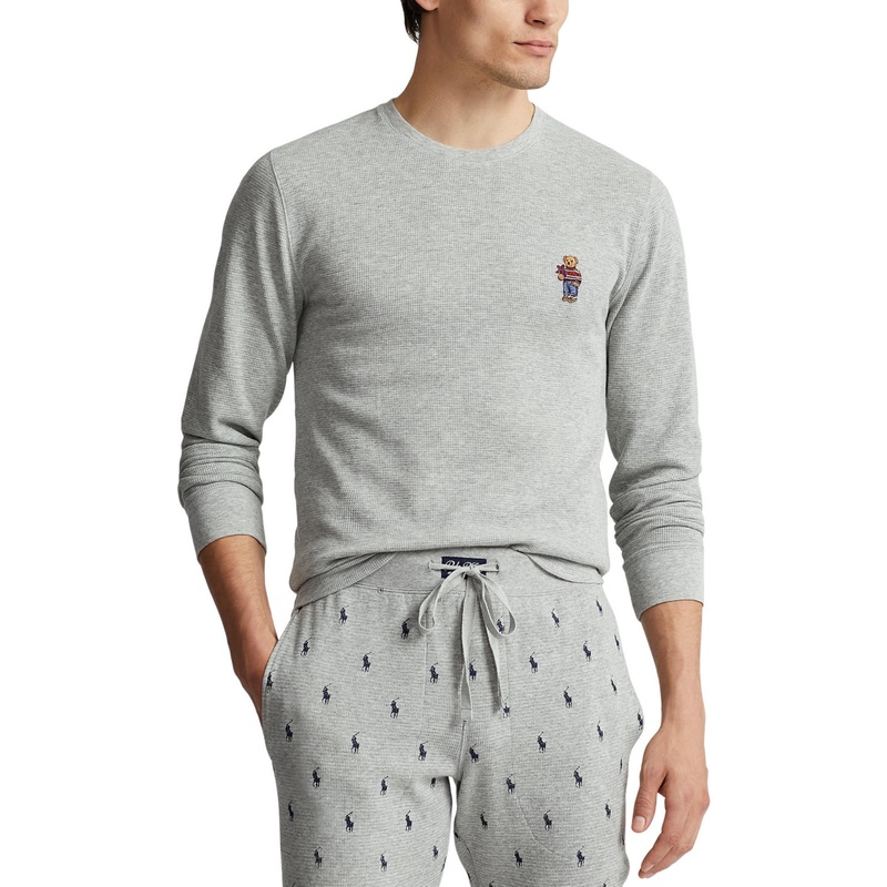 Polo Ralph Lauren Mens Waffle-Knit Thermal Shirt Large Grey Bear