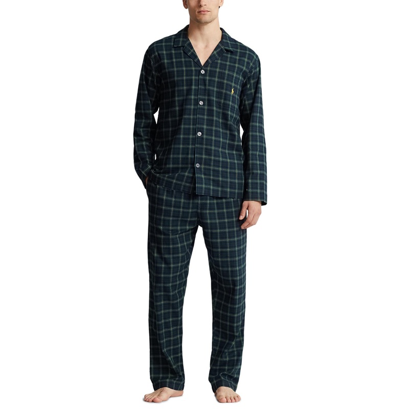 Ralph Lauren Mens Plaid Flannel Button Down Pajama Set Green Large