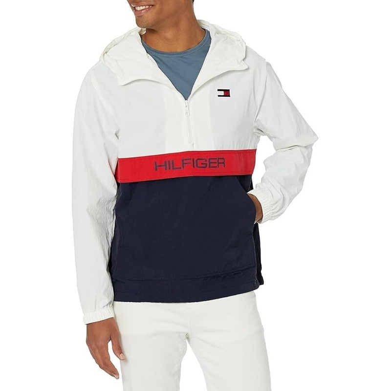 Tommy Hilfiger Men's Retro Lightweight Hooded Popover Windbreaker Jacket Small