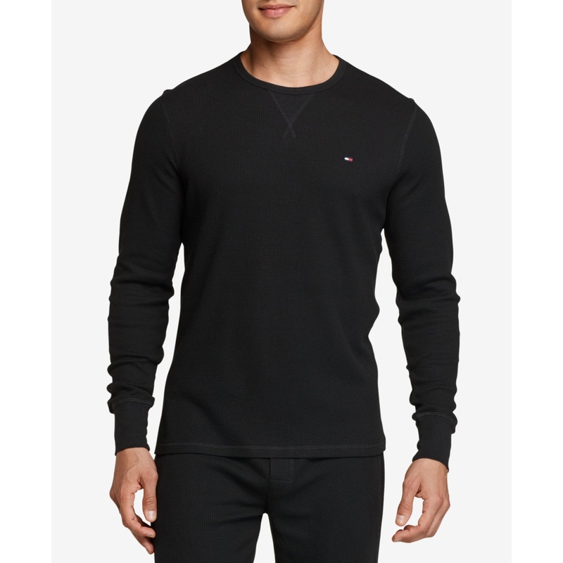 Tommy Hilfiger Men's Waffle Knit Long Sleeve Crewneck Sleep T Shirt Black 2XL