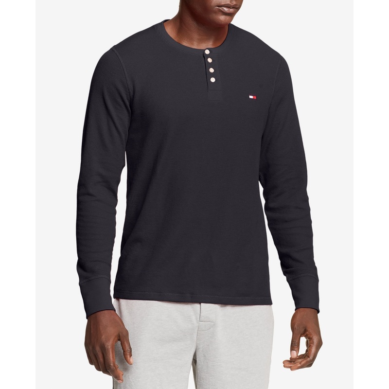 Tommy Hilfiger Mens Waffle Knit Long Sleeve Pajama Shirt Navy Blue Small