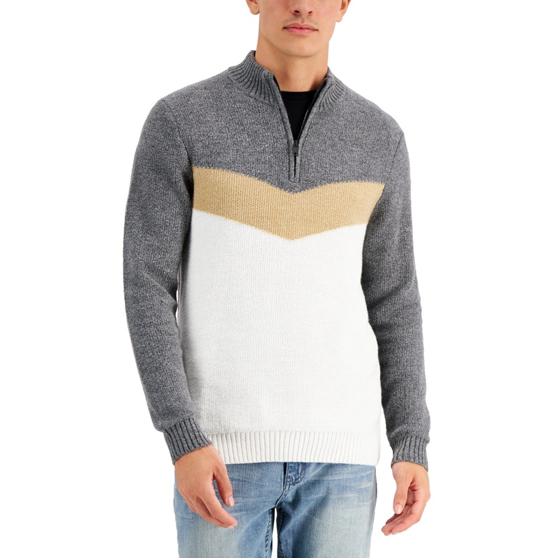 Alfani Men's Chevron Quarter Zip Sweater White Winter Ivory XL