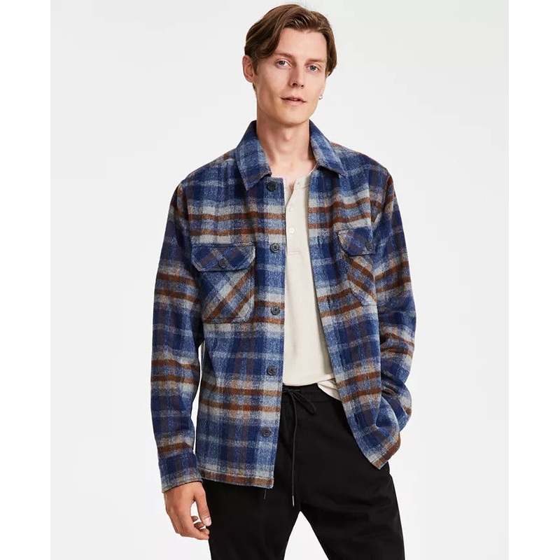 And Now This Men's Regular-Fit Plaid Flannel Shirt Jacket Medium Blue Brown