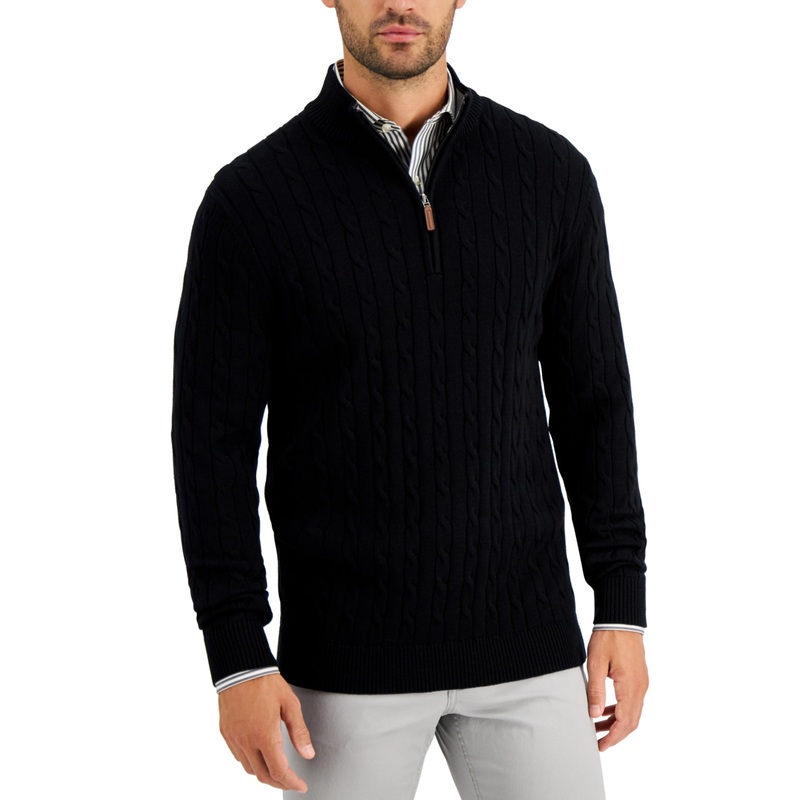 Club Room Mens Cable Knit Quarter Zip Sweater Deep Black Medium