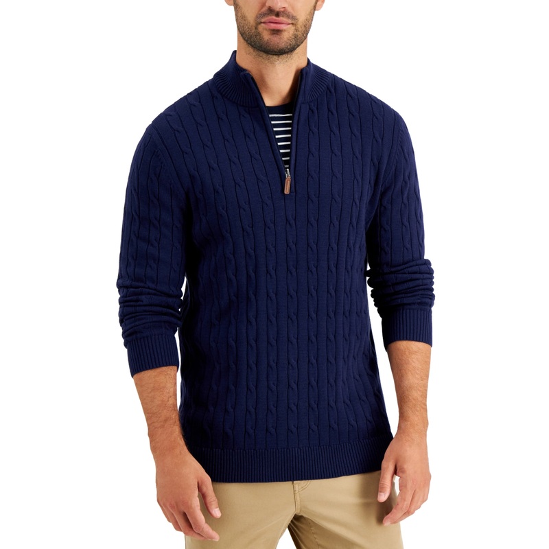 Club Room Mens Cable Knit Quarter Zip Sweater Navy Blue Small