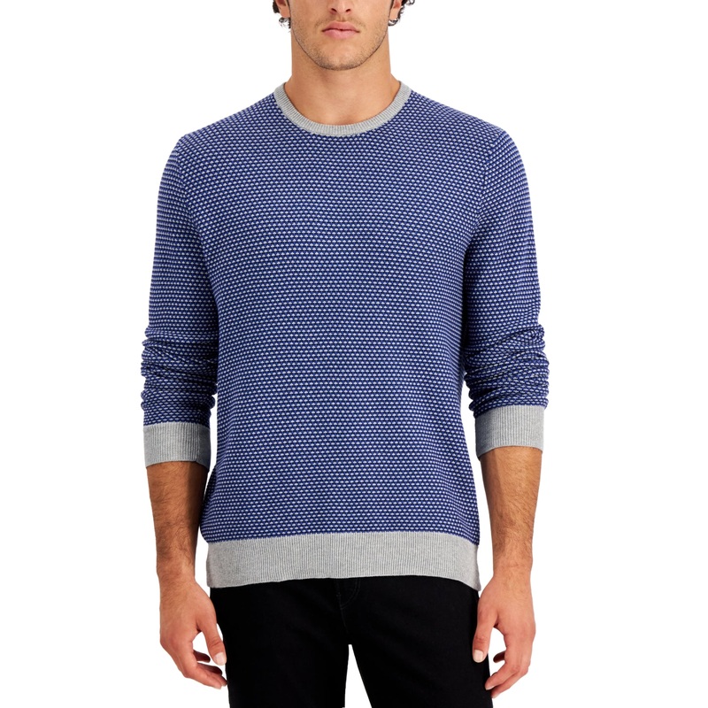 Club Room Mens Elevated Patterned Crewneck Classic Fit Knit Sweater Blue Small