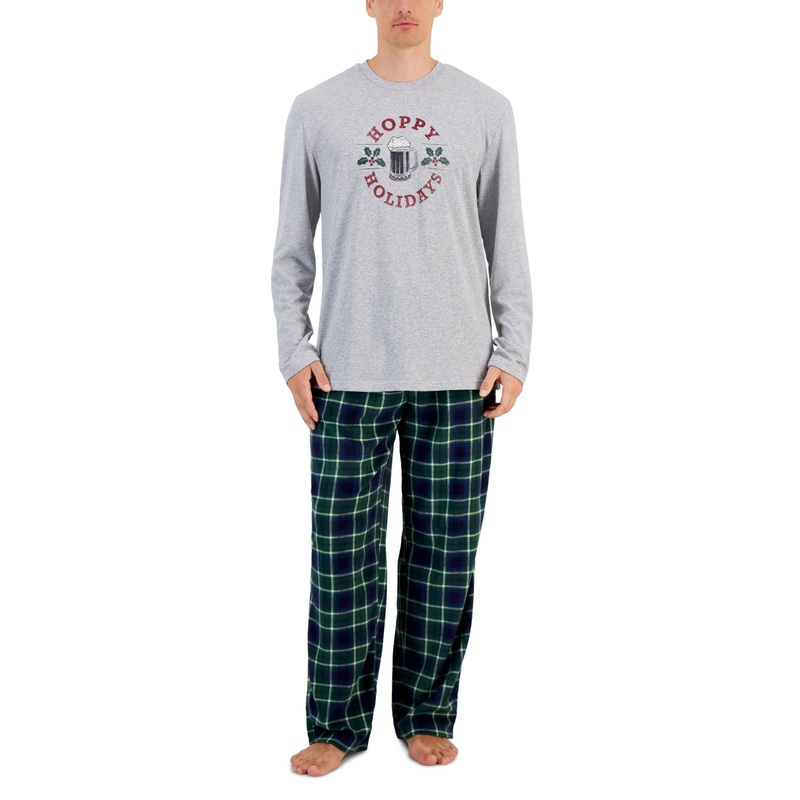 Club Room Mens Plaid Fleece and Pajama Pants Set Eden Green Grey Medium